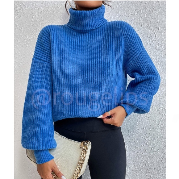 Blue Turtleneck Knit Pullover Sweater Long Sleeve - Picture 1 of 16